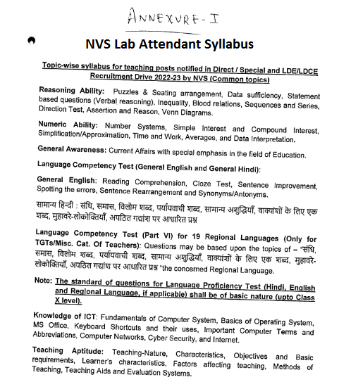 NVS Lab Attendant Syllabus & Exam Pattern 2024 Download PDF