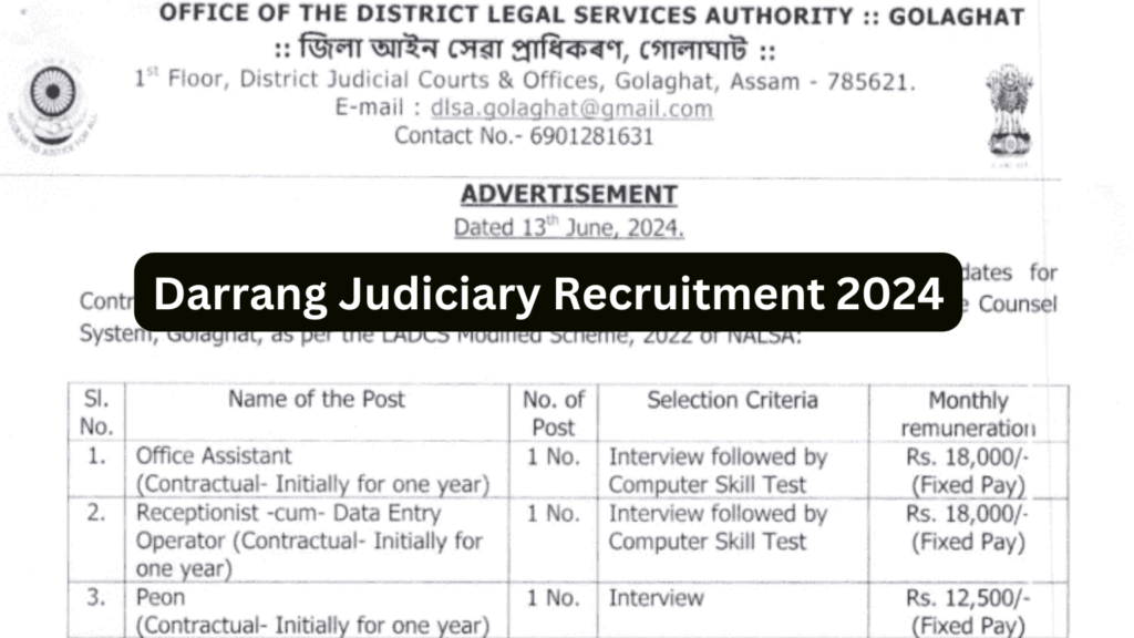 Darrang Judiciary Recruitment 2024 Notification Out For Office Assistant, Data Entry Operator and Peon Posts